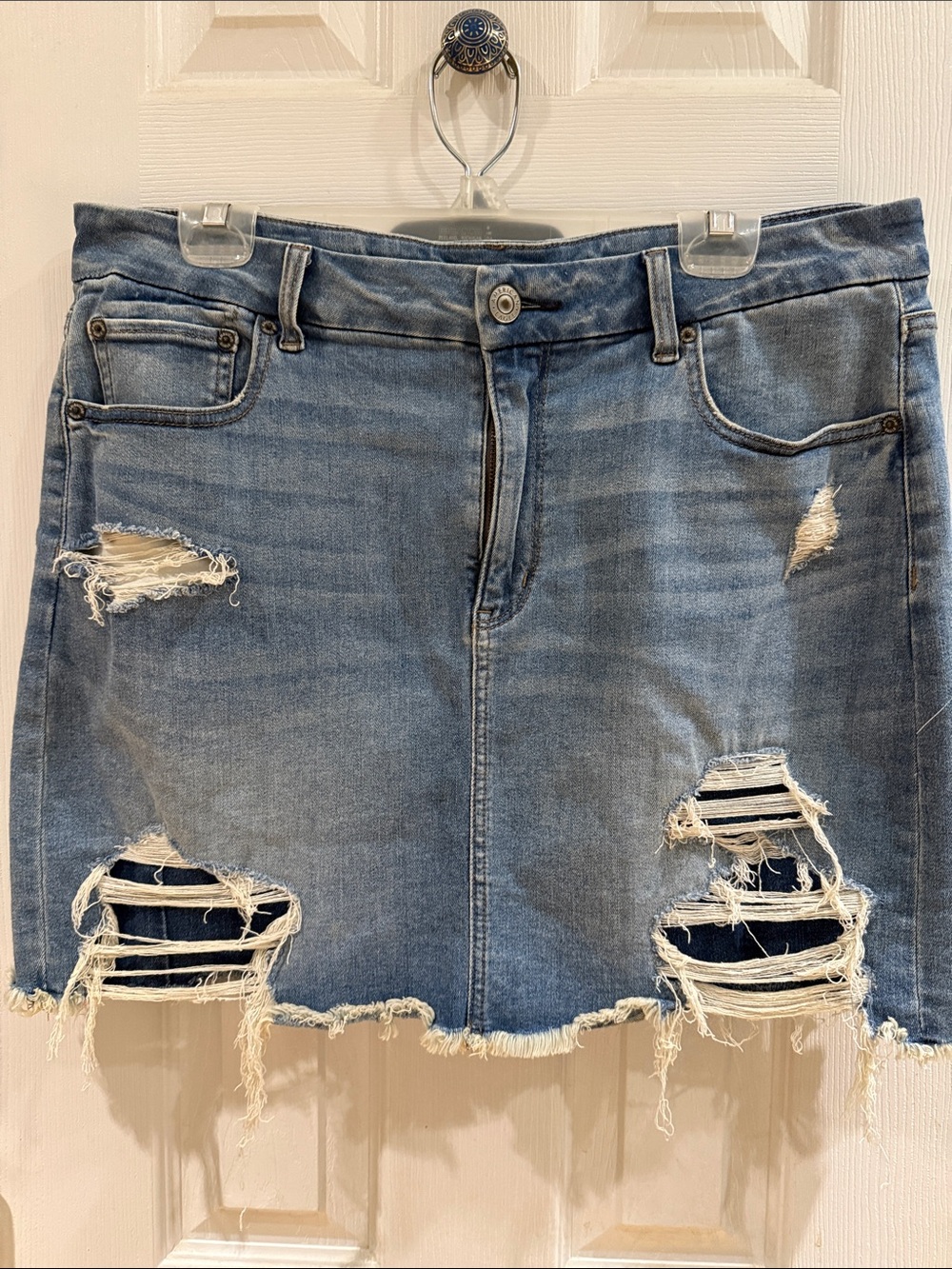 American Eagle Outfitters Light Blue Distressed Denim Mini Skirt